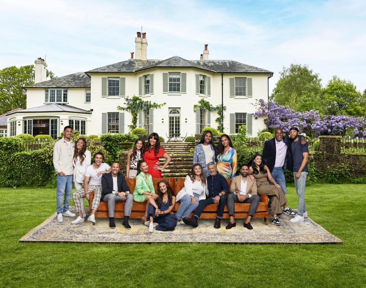 the my mum your dad contestants posing with their kids outside the show's country retreat