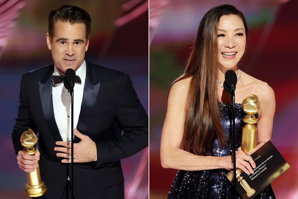 Colin Farrell accepts the Best Actor in a Motion Picture – Musical or Comedy award for "The Banshees of Inisherin" onstage at the 80th Annual Golden Globe Awards held at the Beverly Hilton Hotel on January 10, 2023 in Beverly Hills; Michelle Yeoh accepts the Best Actress in a Motion Picture – Musical or Comedy award for "Everything Everywhere All at Once"