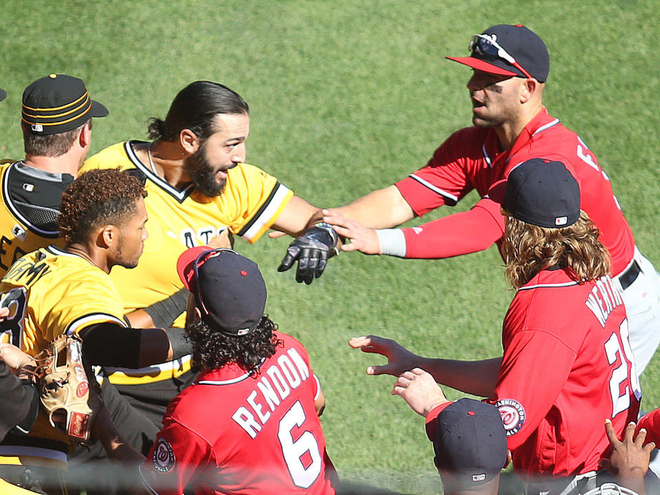 <p>Pittsburgh Pirates left fielder Sean Rodriguez (LC) attempts to fight with Washington Nationals shortstop Danny Espinosa (8) and outfielder Jayson Werth (28) during the third inning at PNC Park. Mandatory Credit: Charles LeClaire-USA TODAY Sports </p>