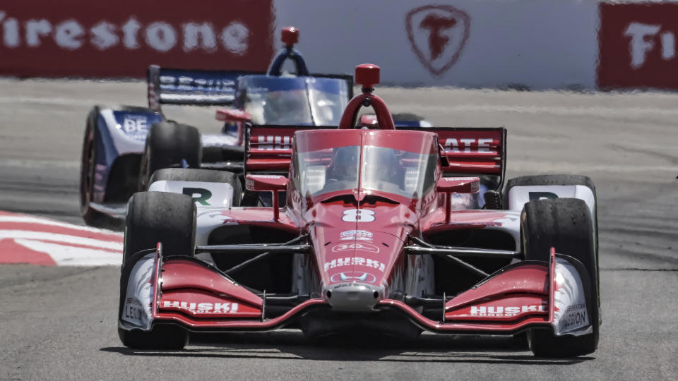 Huski Chocolate Chip Ganassi Racing driver Marcus Ericsson (car 8) accelerates through Turn 1 on his way to winning the Grand Prix of St. Petersburg auto race Sunday, March 5, 2023, in St. Petersburg, Fla. (AP Photo/Steve Nesius)