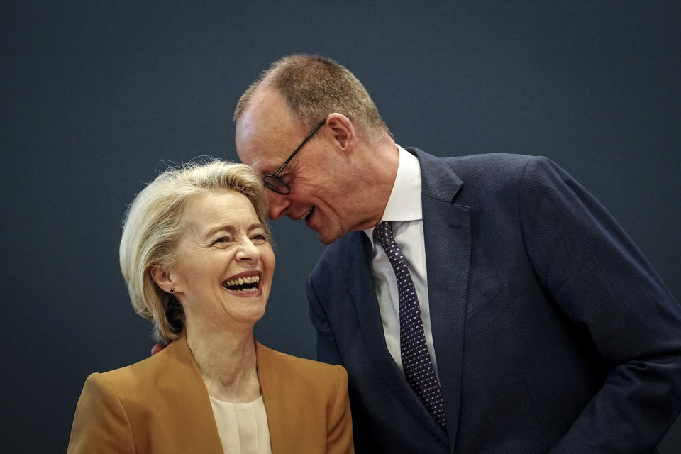 Friedrich Merz, CDU Federal Chairman and Union parliamentary group leader, and Ursula von der Leyen, left, President of the European Commission, take part in the CDU Federal Executive Committee meeting in Berlin, Monday Feb. 19, 2024. (Kay Nietfeld/dpa via AP)