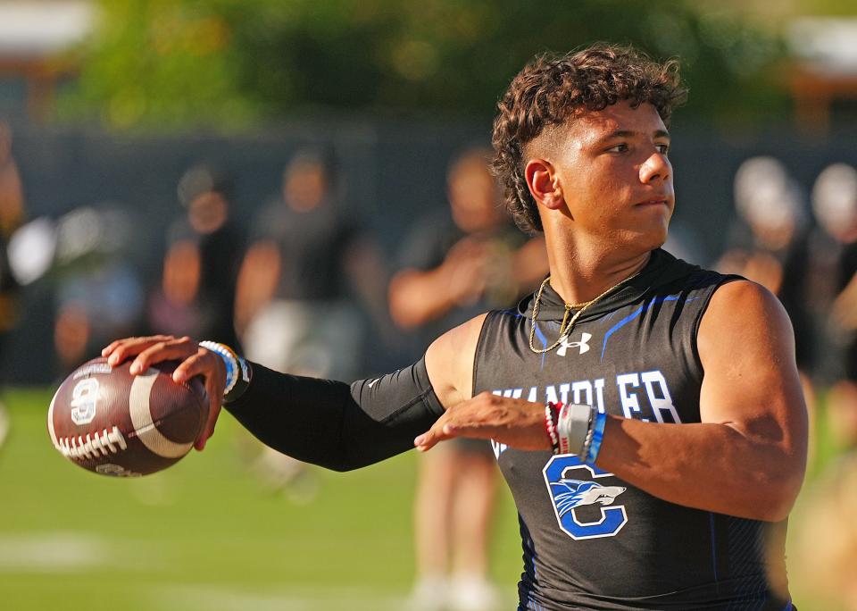 June 2, 2022; Tempe, Arizona; USA; Chandler quarterback Dylan Raiola throws during a 7-on-7 tournament, an ASU High School Football Showcase.