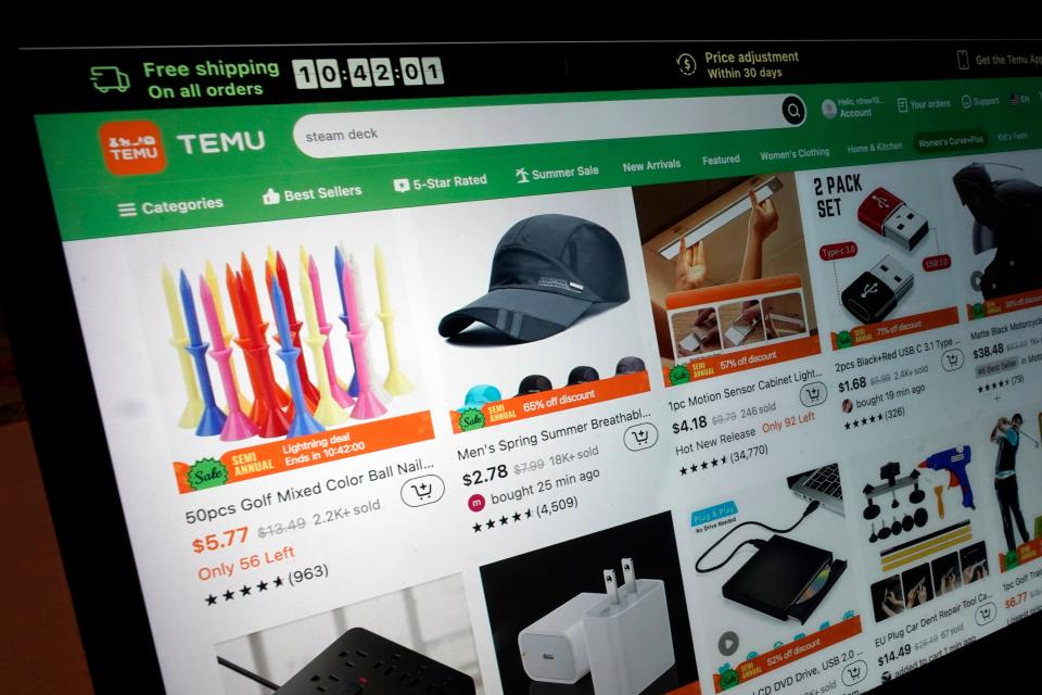A page from the Temu website is seen, June 23, 2023, in New York. Temu, the China-founded online retailer surging in popularity in the United States, is opening its platform to U.S. and European sellers, a Temu spokesperson confirmed Thursday, Jan. 25, 2024.