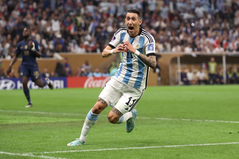 LUSAIL CITY, QATAR - DECEMBER 18: Angel Di Maria of Argentina celebrates after scoring the team's second goal during the FIFA World Cup Qatar 2022 Final match between Argentina and France at Lusail Stadium on December 18, 2022 in Lusail City, Qatar. (Photo by Catherine Ivill/Getty Images)