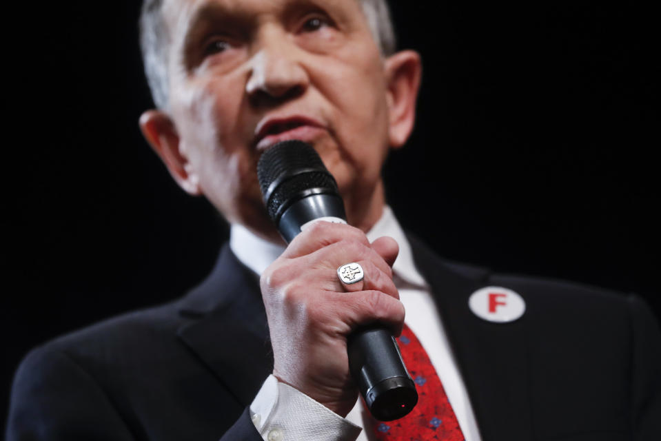 Former U.S. Rep. Dennis Kucinich of Ohio speaks during the Ohio Democratic Party's fifth debate in the primary race for governor, Tuesday, April 10, 2018, at Miami (Ohio) University's Middletown campus in Middletown, Ohio. (AP Photo/John Minchillo, Pool)