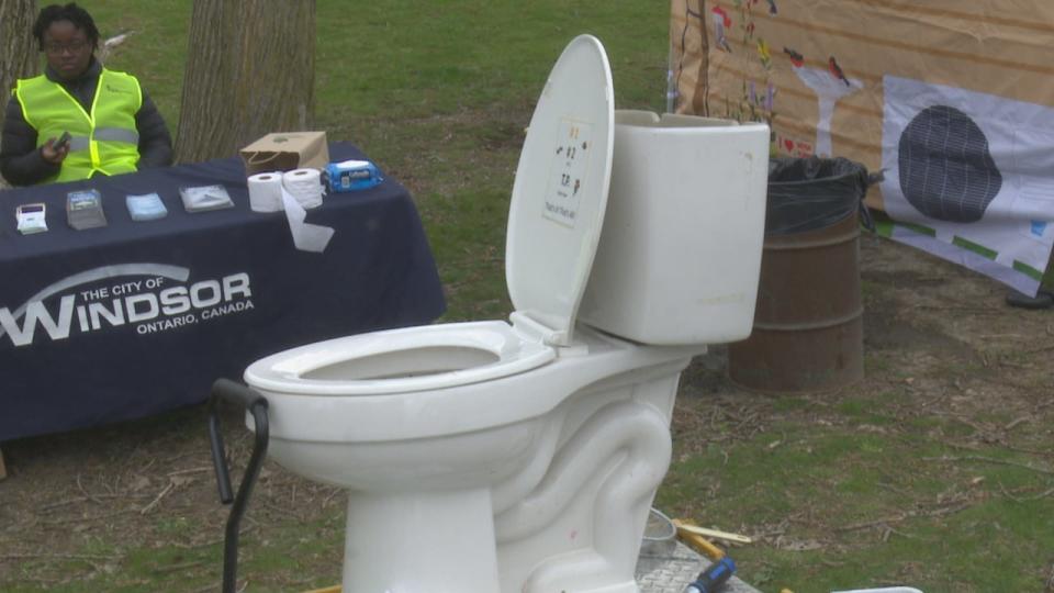 The City of Windsor's prop toilet at Earth Day festivities at Malden Park on April 21, 2024.