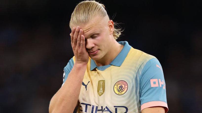 Erling Haaland looks dejected after being denied his 100th goal for Manchester City in the Champions League clash with Inter Milan