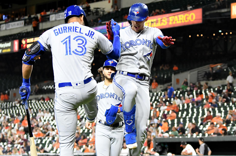 BALTIMORE, MD - SEPTEMBER 17:  Cavan Biggio #8 of the Toronto Blue Jays celebrates with Lourdes Gurriel Jr. #13 after hitting a two-run home run in the third inning against the Baltimore Orioles at Oriole Park at Camden Yards on September 17, 2019 in Baltimore, Maryland.  (Photo by Greg Fiume/Getty Images)