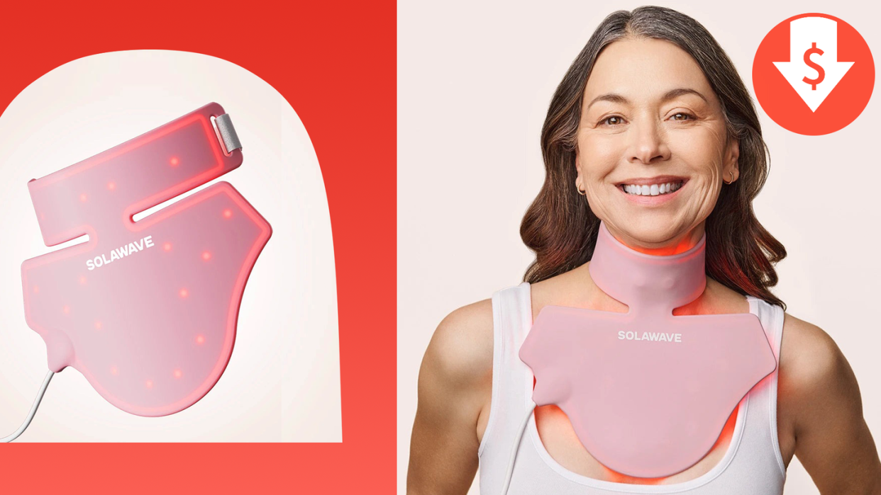 a woman wearing a solawave red light therapy neck and chest mask