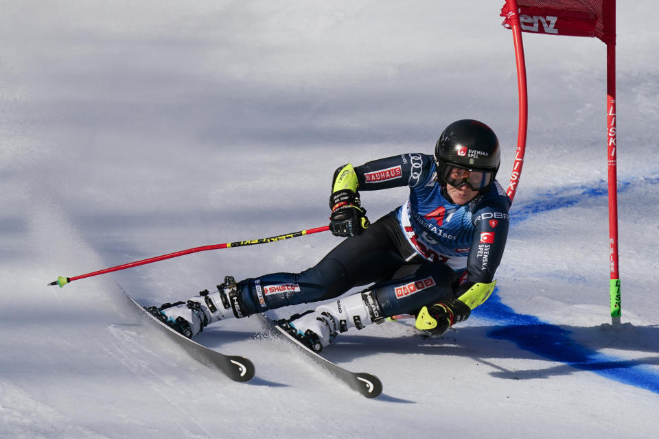 Sweden's Sara Hector speeds down the course during an alpine ski, women's World Cup giant slalom race, in Lienz, Austria, Thursday, Dec. 28, 2023. (AP Photo/Pier Marco Tacca)