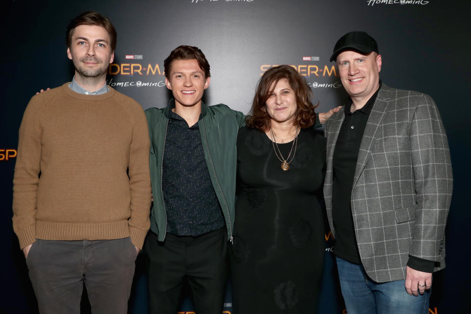 LAS VEGAS, NV - MARCH 27:  (L-R) Director Jon Watts, actor Tom Holland, producer Amy Pascal, and Marvel Studios President Kevin Feige at the CinemaCon 2017 Gala Opening Night Event: Sony Pictures Highlights its 2017 Summer and Beyond Films at The Colosseum at Caesars Palace during CinemaCon, the official convention of the National Association of Theatre Owners, on March 27, 2017 in Las Vegas, Nevada.  (Photo by Todd Williamson/Getty Images for CinemaCon)