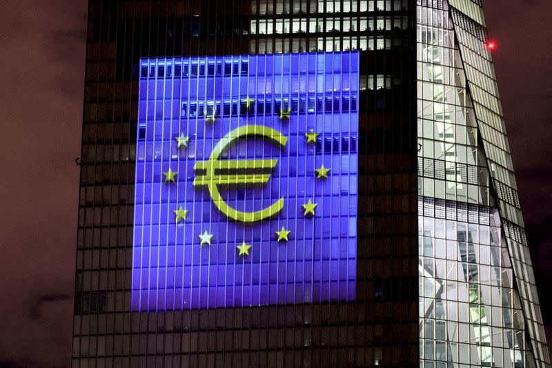 FILE PHOTO: FILE PHOTO: Illumination at ECB headquarters for the Euro's 20th anniversary in Frankfurt, Germany