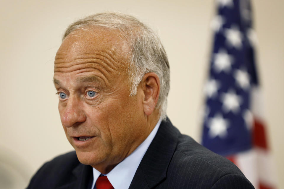 U.S. Rep. Steve King, R-Iowa, speaks during a town hall meeting, Tuesday, Aug. 13, 2019, in Boone, Iowa. King is defending his call for a ban on all abortions by questioning whether "there would be any population of the world left" if not for births due to rape and incest. Speaking Wednesday, Aug. 14, 2019, before a conservative group in the Des Moines suburb of Urbandale, the Iowa congressman reviewed legislation he has sought that would outlaw abortions without exceptions for rape and incest. (AP Photo/Charlie Neibergall)