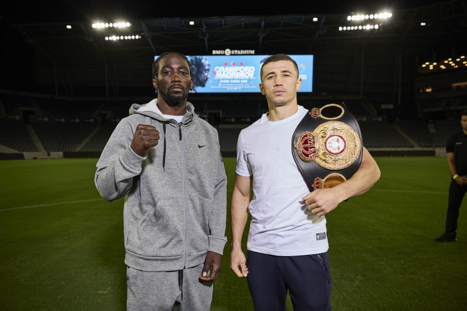 LOS ANGELES, CALIFORNIA - JULY 28: Terence Crawford and Israil Madrimov Face Off at the BMO Stadium ahead of their WBA World Interim and WBO World Super Welterweight Title fight on saturday night on July 28, 2024 in Los Angeles, California. (Photo by Mark Robinson/Matchroom Boxing/Getty Images)