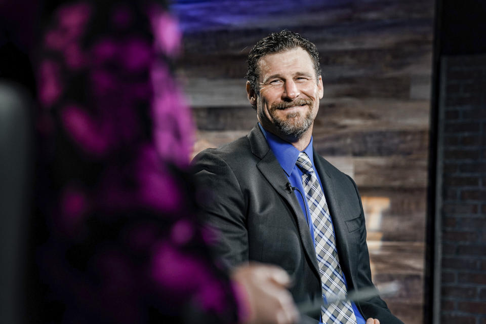 In this image provided by the Detroit Lions, Detroit Lions head coach Dan Campbell speaks during a news conference via video on his first day at the NFL football team's practice facility, Thursday, Jan. 21, 2021 in Allen Park, Mich. (Detroit Lions via AP).