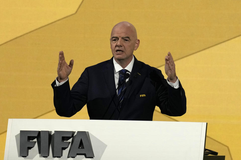 FIFA President Gianni Infantino delivers his speech at the FIFA Congress in Bangkok, Thailand, Friday, May 17, 2024.(AP Photo/Sakchai Lalit)