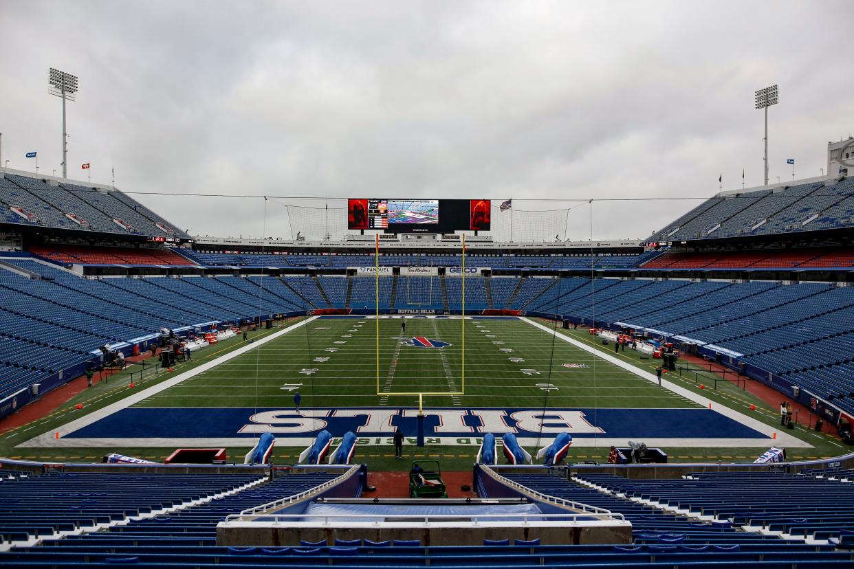 The field is prepared at Highmark Stadium before an NFL football game between the Buffalo Bills and the Carolina Panthers, Dec. 19, 2021, in Orchard Park, N.Y.