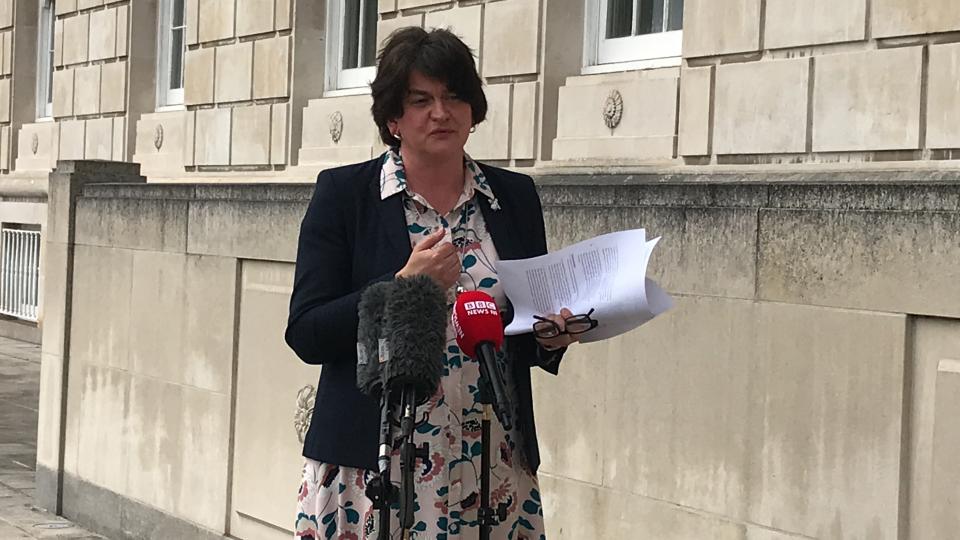 First Minister Arlene Foster addresses the media outside Parliament Buildings at Stormont (Rebecca Black/PA)