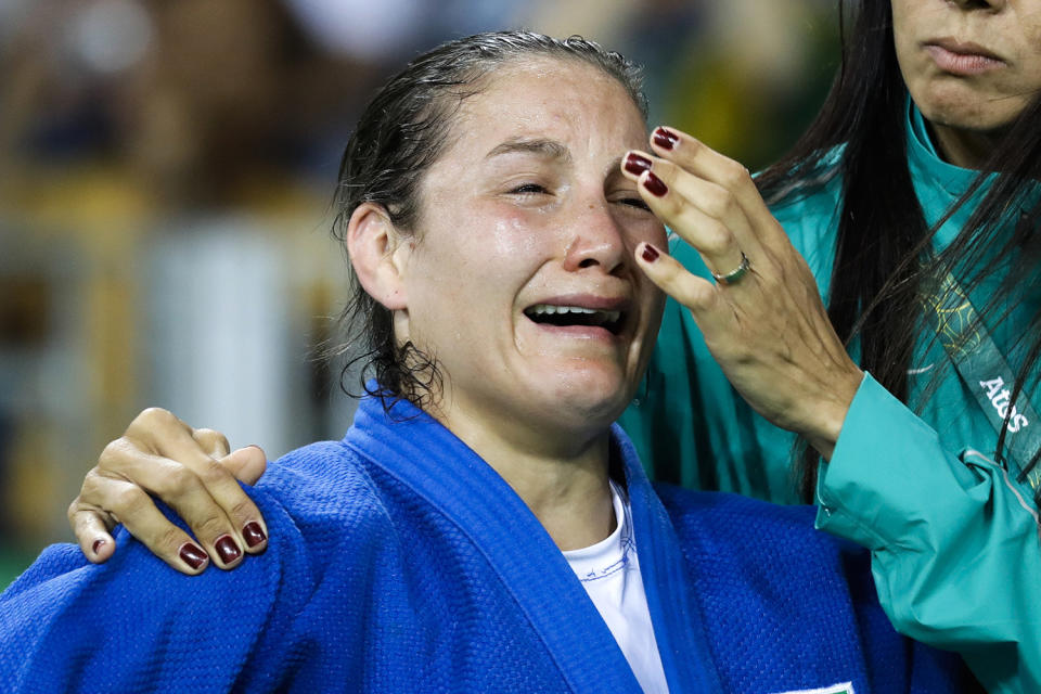 <p>Brazil’s Maria Portela reacts after losing against Austria’s Bernadette Graf during the women’s 70-kg judo competition at at the 2016 Summer Olympics in Rio de Janeiro, Brazil, Wednesday, Aug. 10, 2016. (AP Photo/Markus Schreiber) </p>