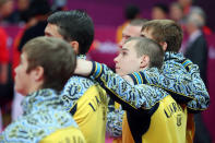 LONDON, ENGLAND - JULY 30: Team Ukraine reacts after the end of the Artistic Gymnastics Men's Team final on Day 3 of the London 2012 Olympic Games at North Greenwich Arena on July 30, 2012 in London, England. (Photo by Streeter Lecka/Getty Images)