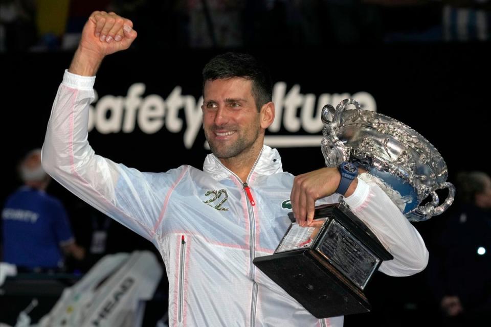 Novak Djokovic celebrates his 10th Australian Open title (Dita Alangkara/AP) (AP)