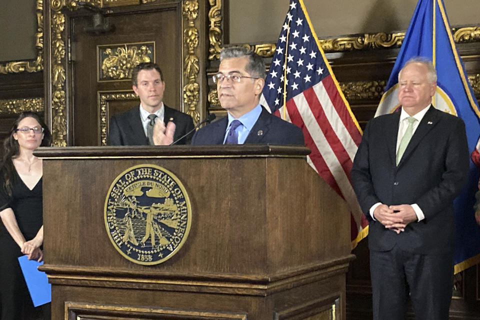 U.S. Health and Human Services Secretary Xavier Becerra speaks at a news conference at the State Capitol in St. Paul, Minn., Thursday, Jan. 19, 2023, part of a Midwest trip to affirm the Biden administration's commitment to abortion rights. (AP Photo/Steve Karnowski)