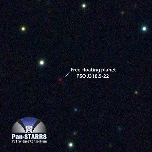 This multicolor image from the Pan-STARRS 1 telescope in Hawaii shows the free-floating planet PSO J318.5-22 in the constellation Capricornus. The planet is extremely cold and faint, about 100 billion times fainter in optical light than the pla