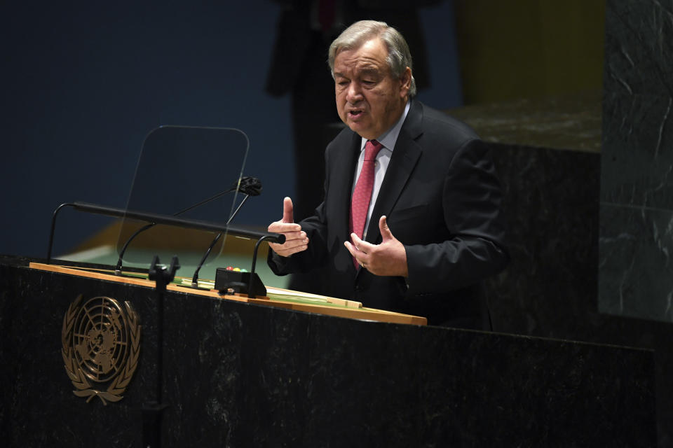 United Nations Secretary General Antonio Guterres addresses the 76th Session of the U.N. General Assembly, Tuesday, Sept. 21, 2021, at United Nations headquarters in New York. (Timothy A. Clary/Pool Photo via AP)