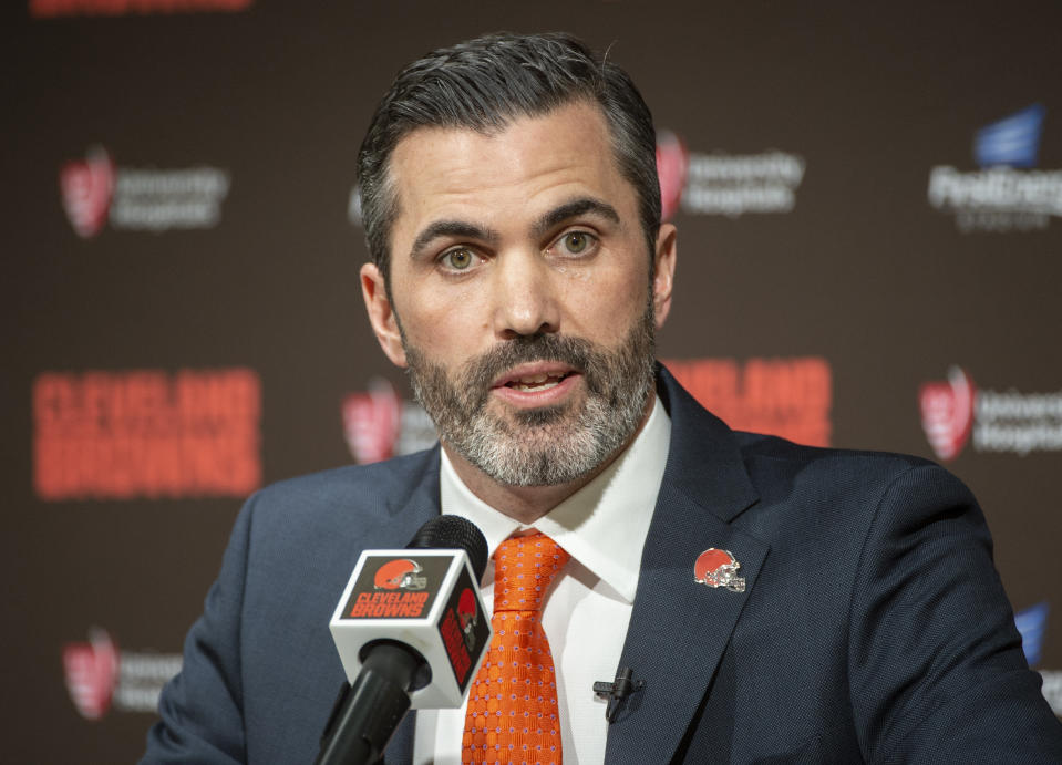 FILE - In this Jan. 14, 2020, file photo, Cleveland Browns NFL Football head coach Kevin Stefanski answers a question during a news conference at FirstEnergy Stadium in Cleveland. Looking back, Browns rookie coach Kevin Stefanski is now thrilled he decided to take a trip to Texas in March to visit Baker Mayfield. During a Zoom conference call on Friday, Aug. 7, 2020, Stefanski revealed that he went to Austin and spent time with Mayfield. (AP Photo/Phil Long, File)