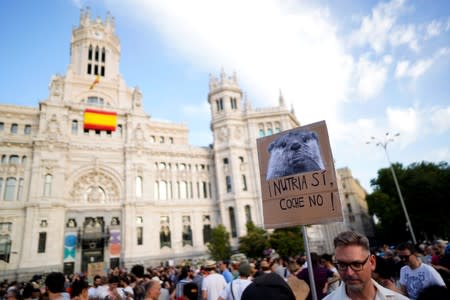 Demonstrators take part in a protest against Madrid's new conservative People's Party (PP) municipal government plans to suspend some anti-car emissions policies in the city center