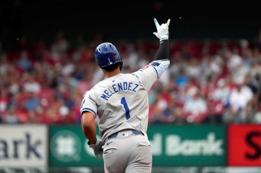 Kansas City Royals’ MJ Melendez celebrates as he rounds the bases after hitting a solo home run during the third inning in the second game of a baseball doubleheader against the St. Louis Cardinals Wednesday, July 10, 2024, in St. Louis. (AP Photo/Jeff Roberson)