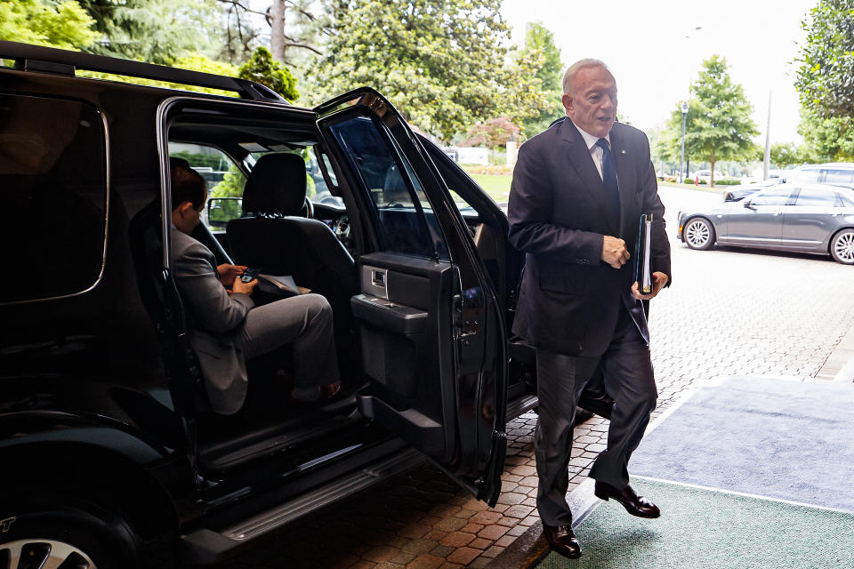 Dallas Cowboys owner Jerry Jones arrives at the NFL spring meetings in Atlanta on Tuesday. (AP) 