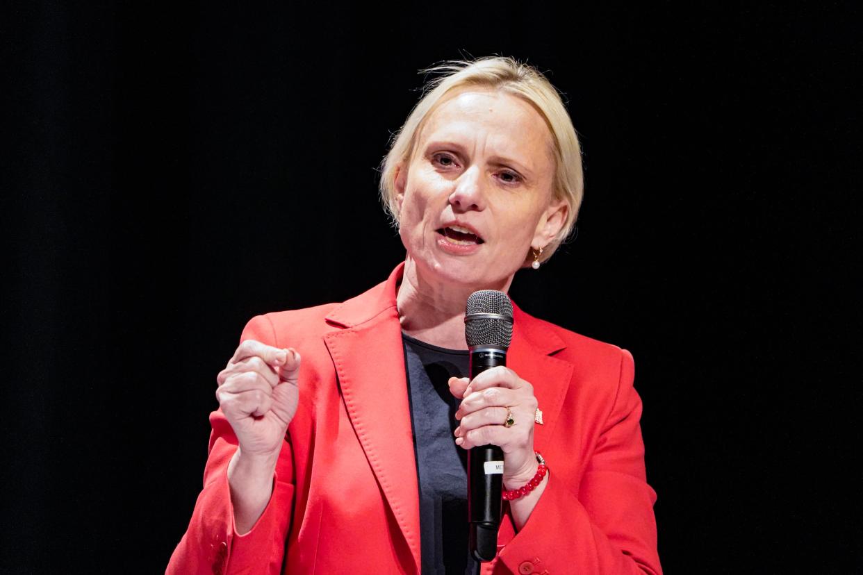 Incumbent Rep. Victoria Spartz speaks during a League of Women Voters forum on Thursday, April 4, 2024, at Anderson High School Auditorium in Anderson Ind. The forum included Republican and Democratic candidates running for the 5th Congressional District.