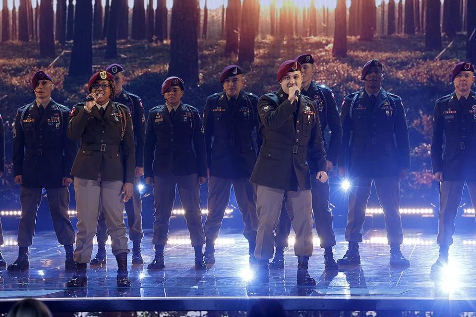 <p>Trae Patton/NBC</p> 82nd Airborne All-American Chorus performing on "America