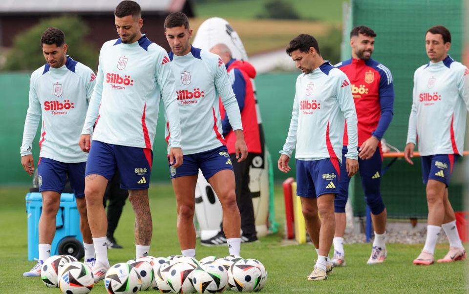 Spain's forward #26 Ayoze Perez, Spain's forward #11 Ferran Torres and Spain's forward #22 Jesus Navas attend a training session at the team's base camp during the UEFA Euro 2024 Football Championship in Donaueschingen on July