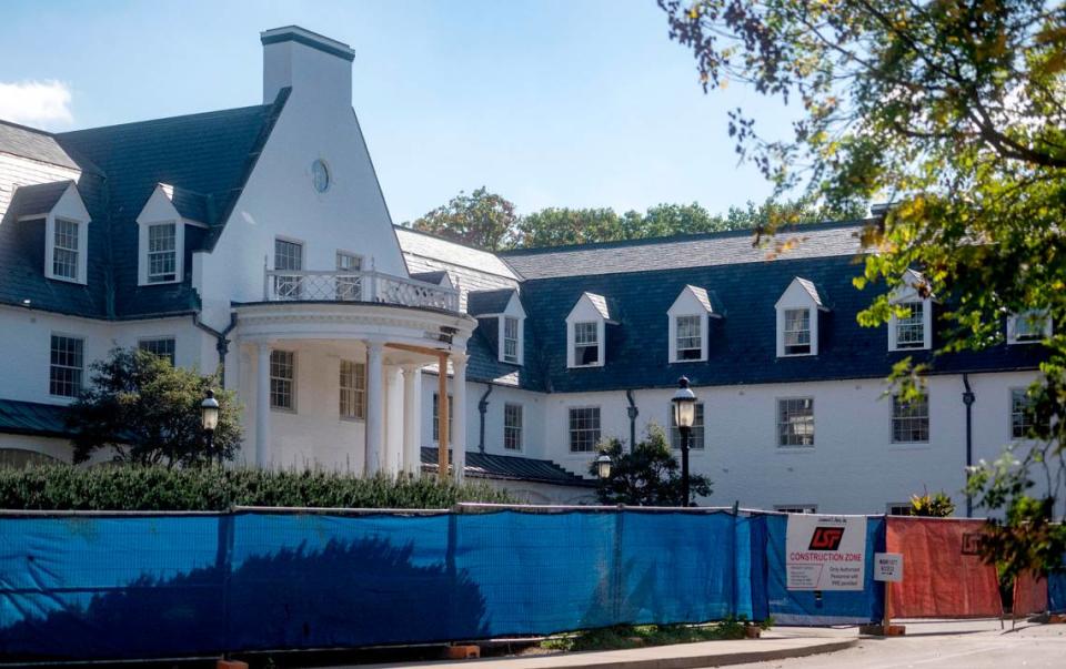 Construction fences are placed around the Nittany Lion Inn Monday as renovations continue.