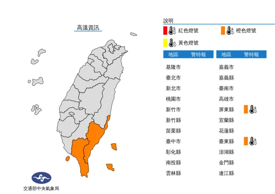 台東、屏東中午高溫亮橙燈。   圖/氣象局