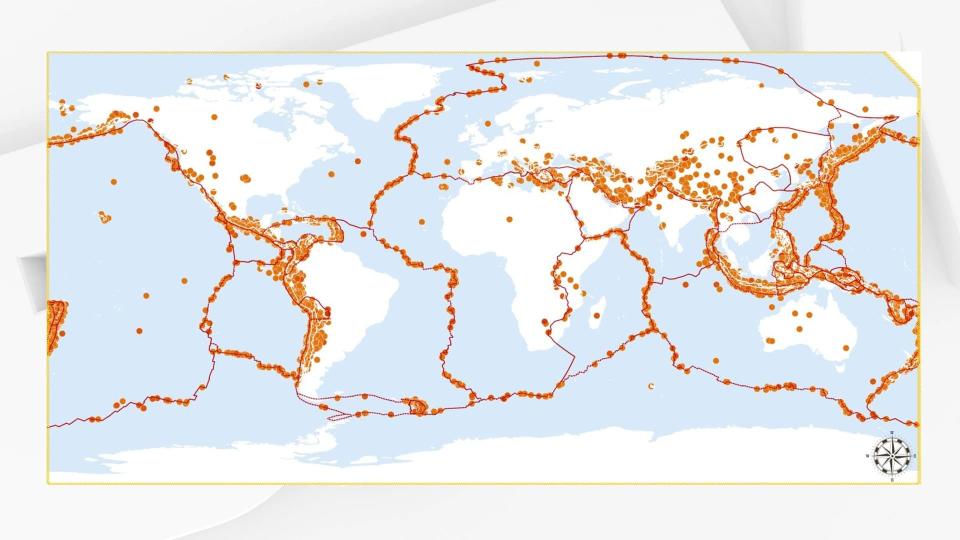 Limites des plaques tectoniques et répartition mondiale des séismes de magnitude supérieure à 4 en 2017 - Ministère de l'Écologie