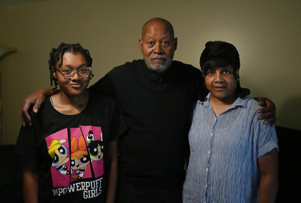 July 8, 2022; Reynoldsburg, Ohio;The Turner family lost their son, Lamont Turner, to suicide in 2019 after he was sexually abused by his doctor. Lamont's family, from left: his sister, Shawana; dad, James; and mom, Andrea. Fred Squillante-The Columbus Dispatch