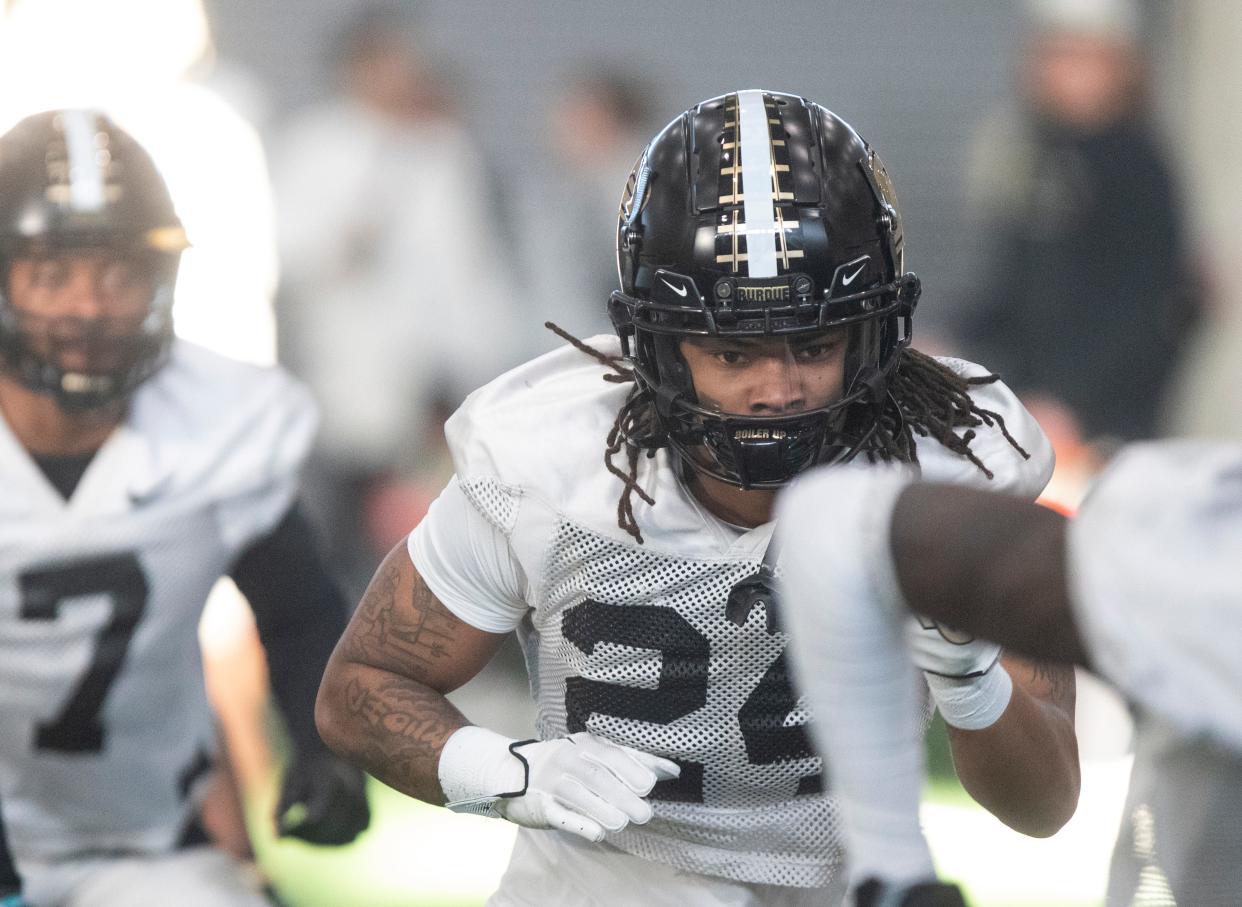 Purdue Boilermakers defensive back Anthony Brown (24) runs drills during Purdue football practice, Tuesday, March 19, 2024, at Mollenkopf Athletic Center in West Lafayette, Ind.