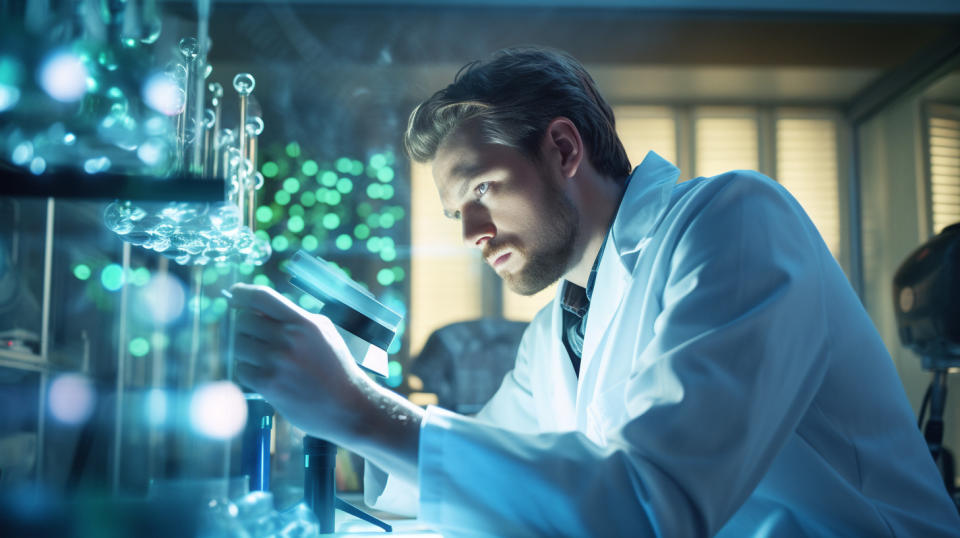 A medical scientist in a lab coat gazing at a microscopic view of a drug in development.