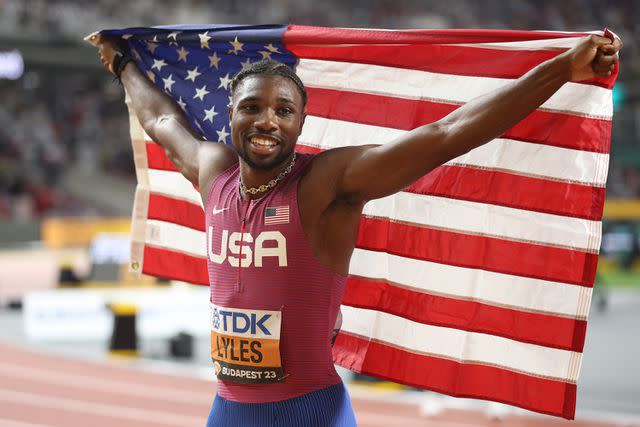 <p>Christian Petersen/Getty</p> Noah Lyles photographed during the World Athletics Championships Budapest on Aug. 25, 2023