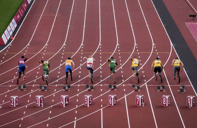 The start line for the men’s 100m T64 round 1, heat 2 at the Paralympics in Tokyo