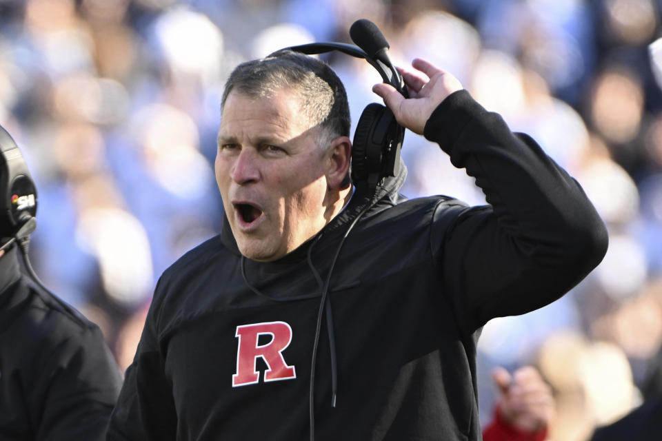Rutgers head coach Greg Schiano reacts against Penn State during an NCAA college football game, Saturday, Nov. 18, 2023, in State College, Pa. (AP Photo/Barry Reeger)