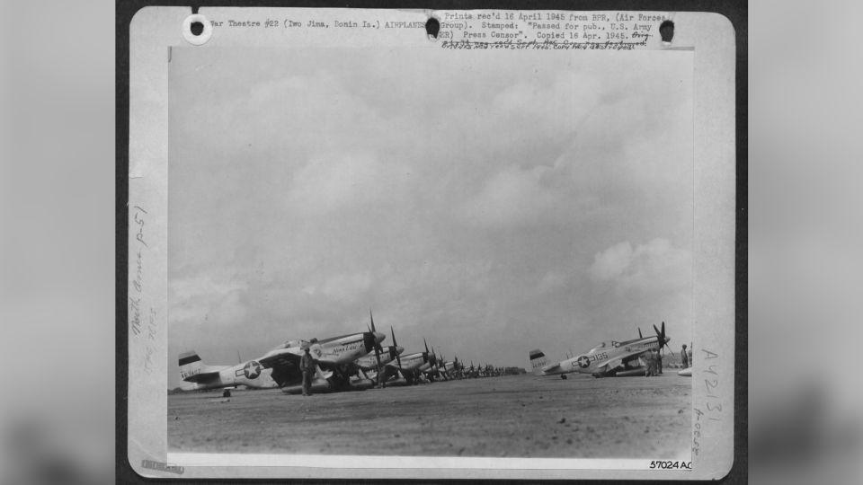 P-51s from the 78th Fighter Squadron P-51 on the flight line at Iwo Jima on April 16, 1945. - National Archives and Records/NHD Silent Heroes