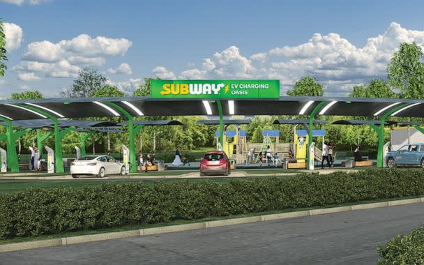 PHOTO: Subway said it will install 'Subway Oasis' charging parks at select locations-charging canopies with multiple ports, picnic tables, Wi-Fi, restrooms, green space and even playgrounds. (Courtesy of Subway Restaurants)