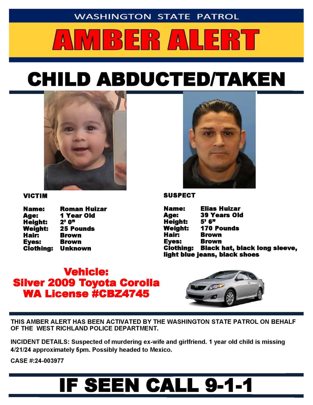 An Amber Alert leaflet handed out by Washington State Patrol shows 1 year old Roman Hulzar and his father, 39 year old Elias Hulzar, suspected of murdering his ex-wife and girlfriend.  (Washington State Patrol)