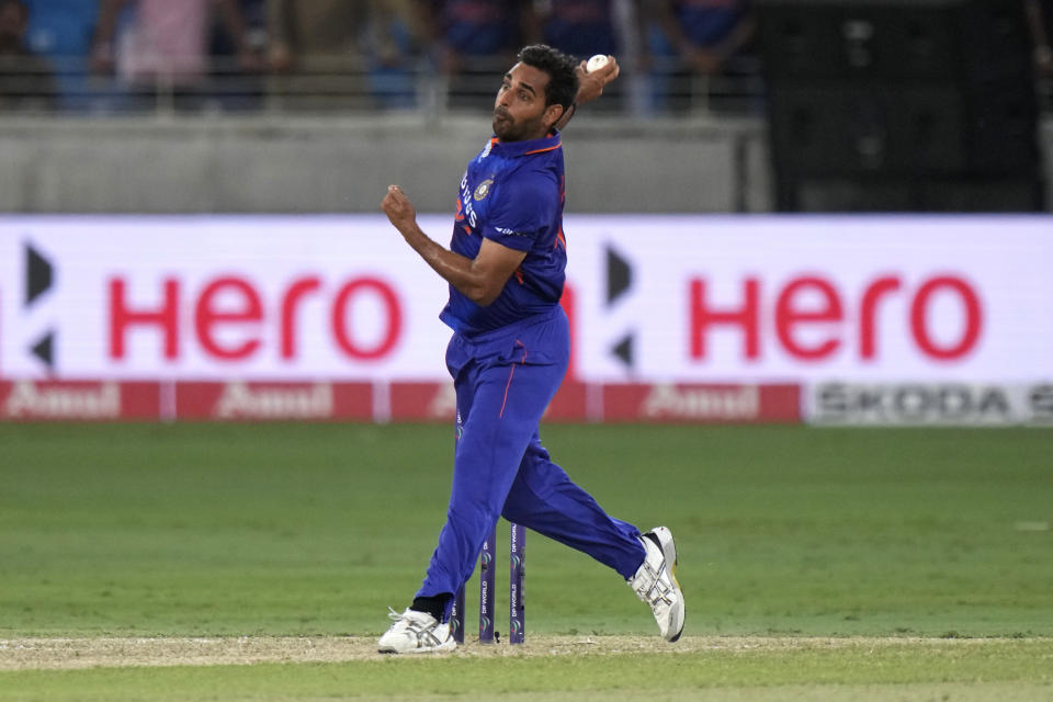 India's Bhuvneshwar Kumar bowls a delivery during the T20 cricket match of Asia Cup between India and Afghanistan, in Dubai, United Arab Emirates, Thursday, Sept. 8, 2022. (AP Photo/Anjum Naveed)