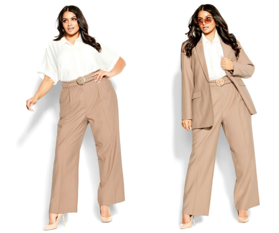 At left a woman wears caramel pants with belt and a white three-quarter sleeve shirt and high heels. Her hair is dark and worn loose. At right, she pairs the pants with a caramel jacket and sunglasses. Women perfect suit in caramel from City Chic