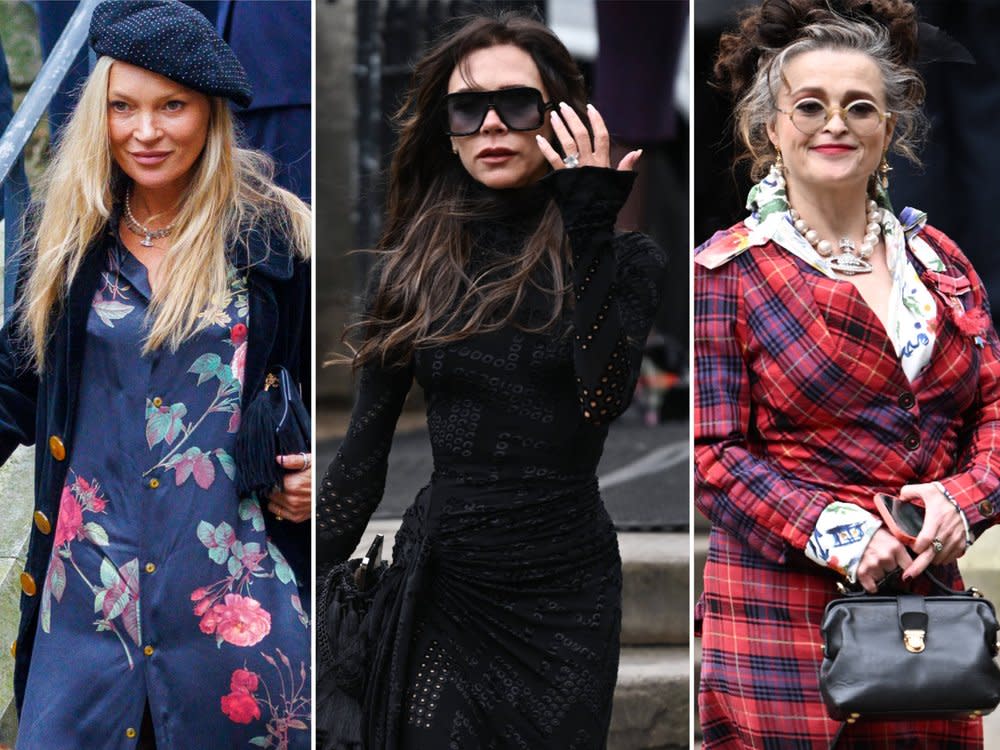 Kate Moss,Victoria Beckham und Helena Bonham Carter (v.l.n.r.) beim Gedenkgottesdienst für Vivienne Westwood in London. (Bild: imago images/i Images / imago images/Doug Peters/PA Images / imago images/PA Images/Doug Peters)